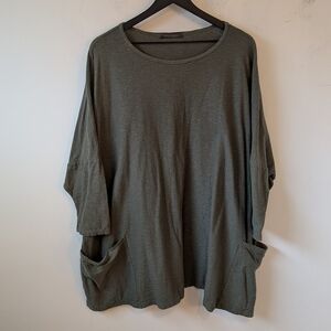 Cut Loose Women's Green Cotton Linen Lagenlook Oversized Tunic Pocket Shirt Os